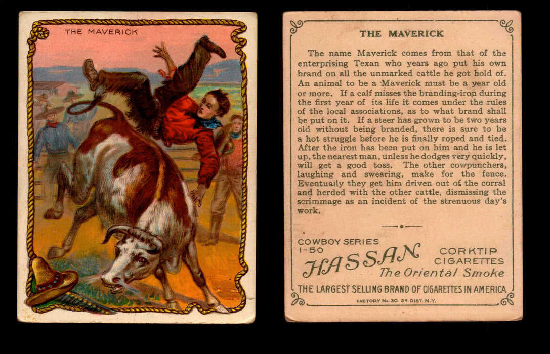 1909 T53 Hassan Cigarettes Cowboy Series #1-50 Trading Cards Singles #29 The Maverick  - TvMovieCards.com