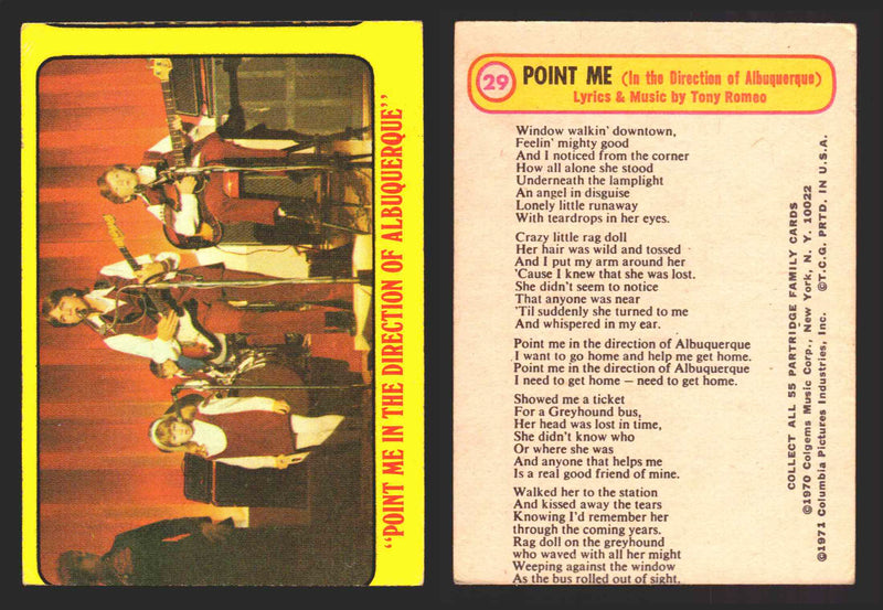 1971 The Partridge Family Series 1 Yellow You Pick Single Cards #1-55 Topps USA 29   "Point Me in the Direction of Albuquerque”  - TvMovieCards.com