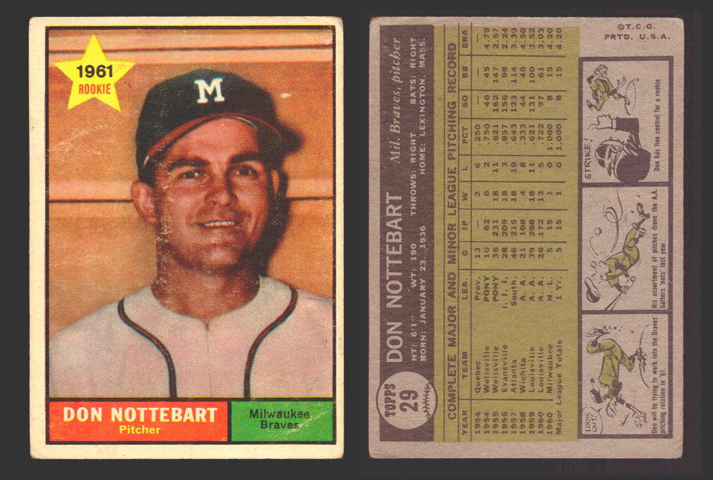 1961 Topps Baseball Trading Card You Pick Singles #1-#99 VG/EX #	29 Don Nottebart - Milwaukee Braves (creased)  - TvMovieCards.com