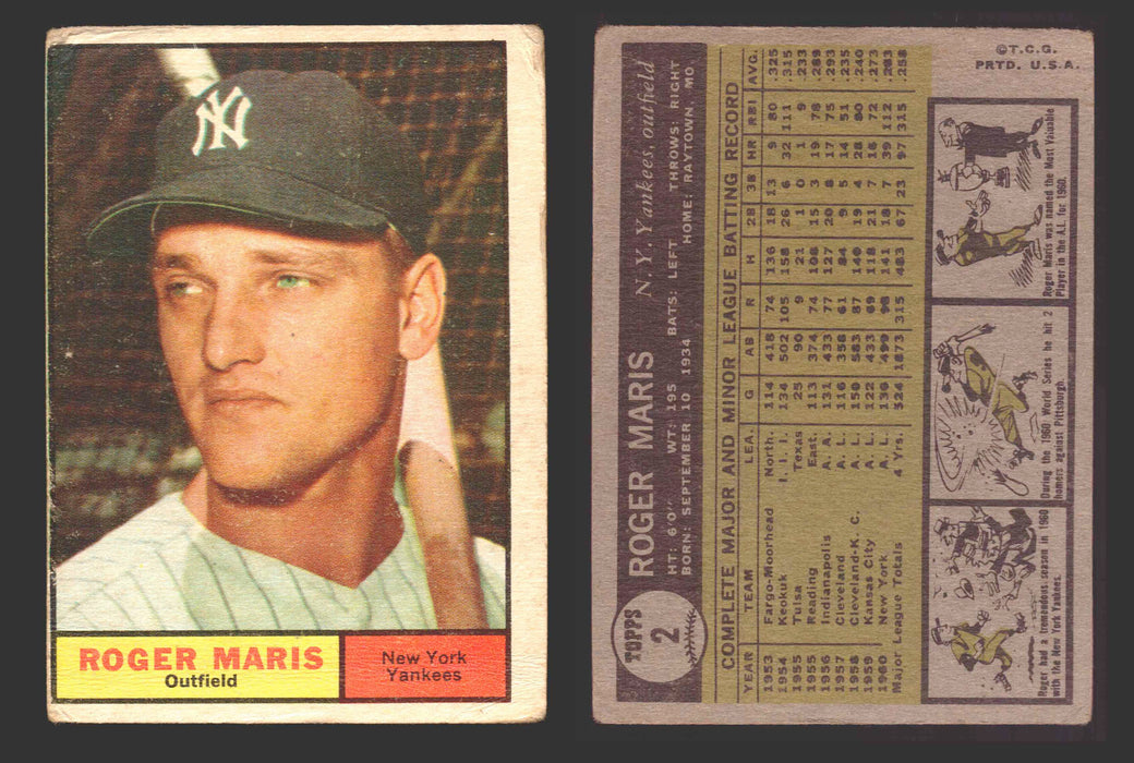 1961 Topps Baseball Trading Card You Pick Singles #1-#99 VG/EX #	2 Roger Maris - New York Yankees  - TvMovieCards.com