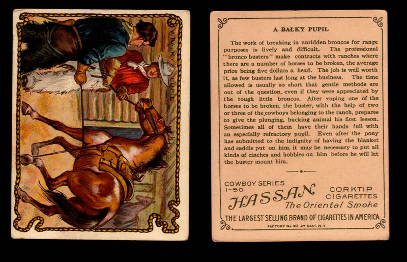 1909 T53 Hassan Cigarettes Cowboy Series #1-50 Trading Cards Singles #2 A Balky Pupil  - TvMovieCards.com
