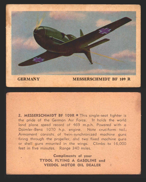 1940 Tydol Aeroplanes Flying A Gasoline You Pick Single Trading Card #1-40 #	2	Messerschmitt BF 109R  - TvMovieCards.com