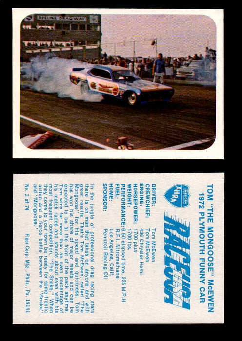 Race USA AHRA Drag Champs 1973 Fleer Vintage Trading Cards You Pick Singles 2 of 74    Tom "The Mongoose" McEwen  - TvMovieCards.com