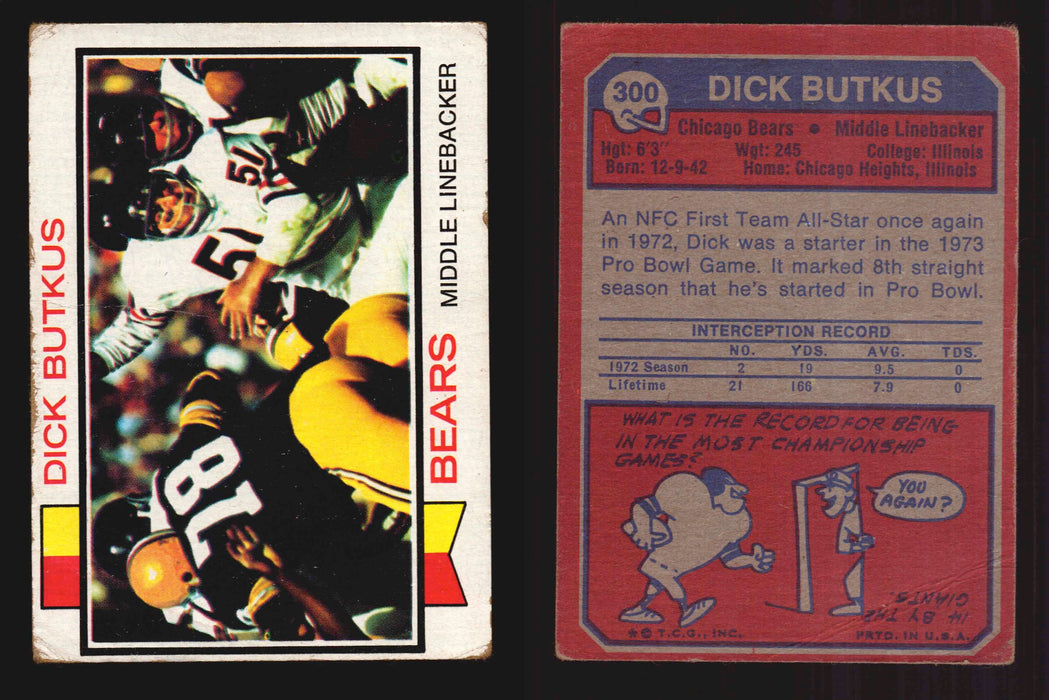 1973 Topps Football Trading Card You Pick Singles #1-#528 G/VG/EX #	300	Dick Butkus (HOF)  - TvMovieCards.com