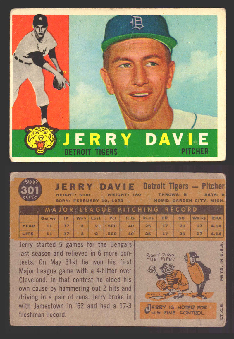 1960 Topps Baseball Trading Card You Pick Singles #250-#572 VG/EX 301 - Jerry Davie  - TvMovieCards.com