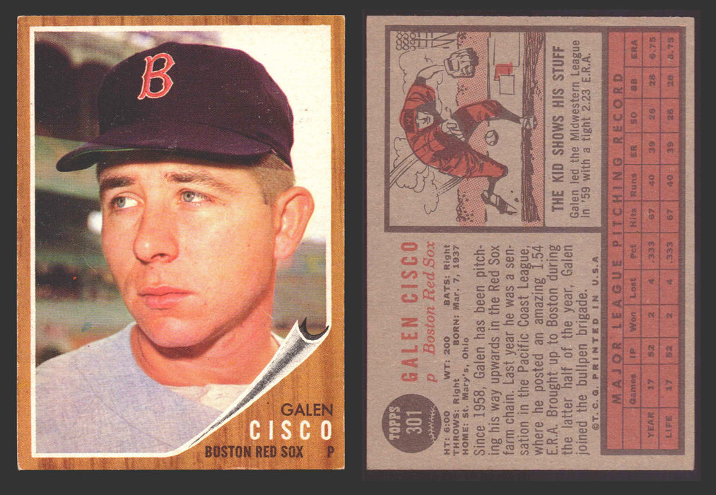 1962 Topps Baseball Trading Card You Pick Singles #300-#399 VG/EX #	301 Galen Cisco - Boston Red Sox RC  - TvMovieCards.com