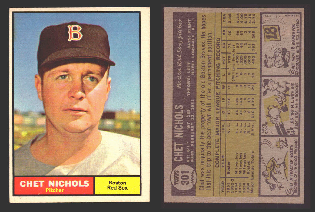 1961 Topps Baseball Trading Card You Pick Singles #300-#399 VG/EX #	301 Chet Nichols - Boston Red Sox  - TvMovieCards.com