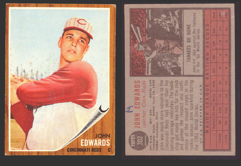 1962 Topps Baseball Trading Card You Pick Singles #300-#399 VG/EX #	302 Johnny Edwards - Cincinnati Reds RC  - TvMovieCards.com