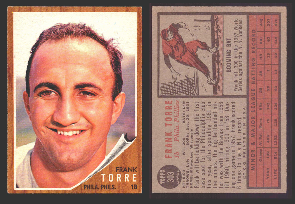 1962 Topps Baseball Trading Card You Pick Singles #300-#399 VG/EX #	303 Frank Torre - Philadelphia Phillies  - TvMovieCards.com