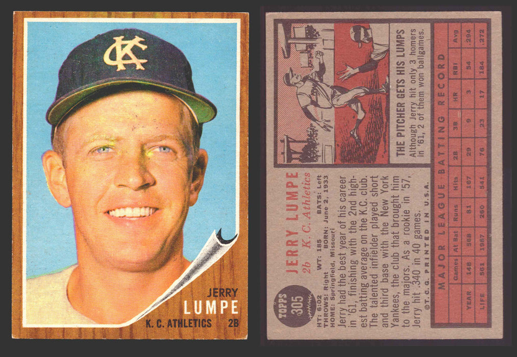 1962 Topps Baseball Trading Card You Pick Singles #300-#399 VG/EX #	305 Jerry Lumpe - Kansas City Athletics  - TvMovieCards.com