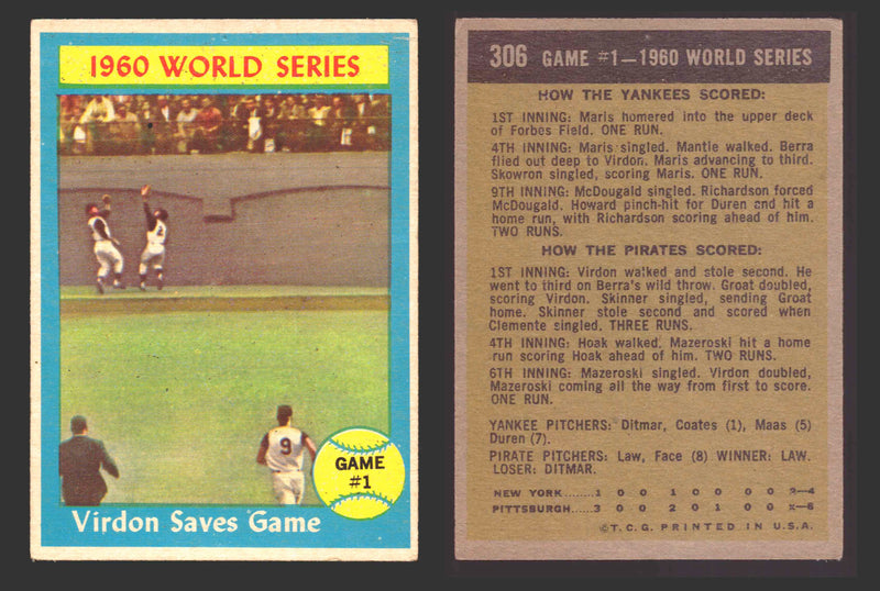 1961 Topps Baseball Trading Card You Pick Singles #300-#399 VG/EX #	306 World Series Game 1 - Virdon Saves Game  - TvMovieCards.com