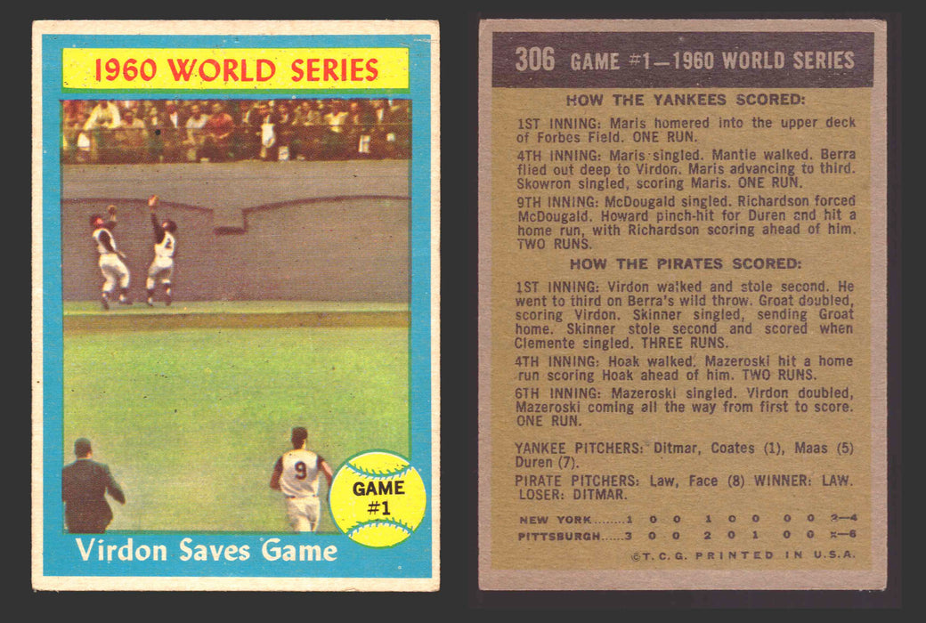 1961 Topps Baseball Trading Card You Pick Singles #300-#399 VG/EX #	306 World Series Game 1 - Virdon Saves Game  - TvMovieCards.com