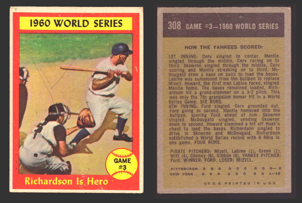 1961 Topps Baseball Trading Card You Pick Singles #300-#399 VG/EX #	308 World Series Game 3 - Richardson is Hero (damaged)  - TvMovieCards.com