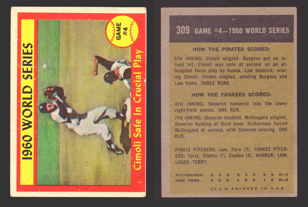 1961 Topps Baseball Trading Card You Pick Singles #300-#399 VG/EX #	309 World Series Game 4 - Cimoli Safe In Crucial Play/Gino Cimoli/Tony Kubek (creased)  - TvMovieCards.com
