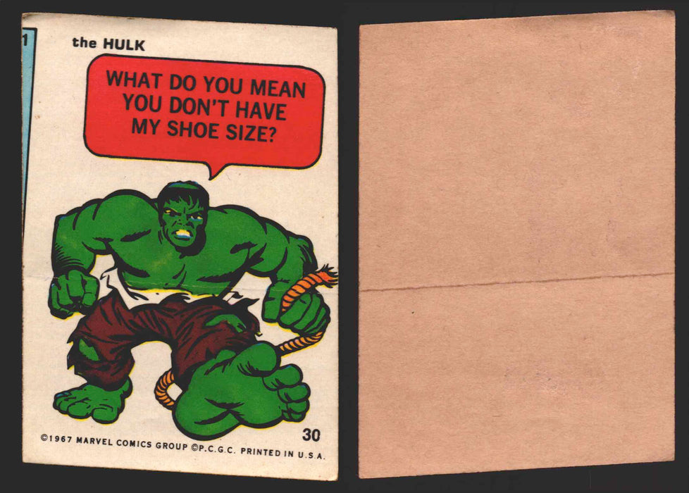 1967 Philadelphia Gum Marvel Super Hero Stickers Vintage You Pick Singles #1-55 30   The Hulk - What do you mean you don't have my shoe size?  - TvMovieCards.com