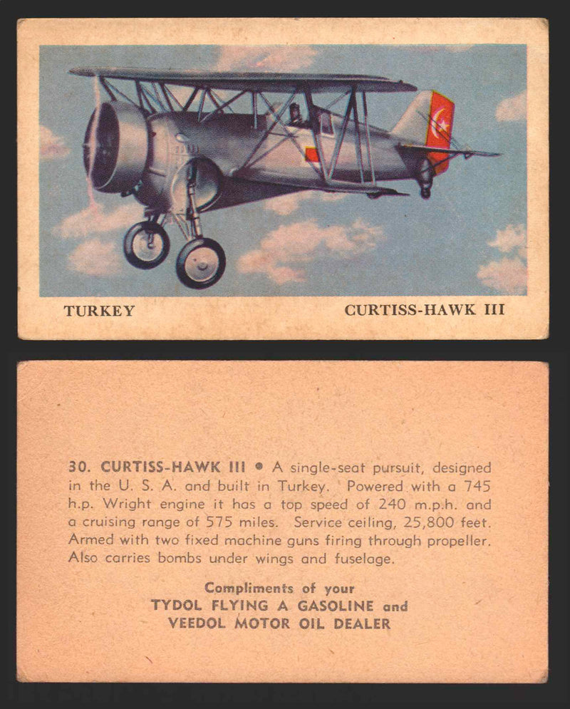 1940 Tydol Aeroplanes Flying A Gasoline You Pick Single Trading Card #1-40 #	30	Curtiss-Hawk III  - TvMovieCards.com