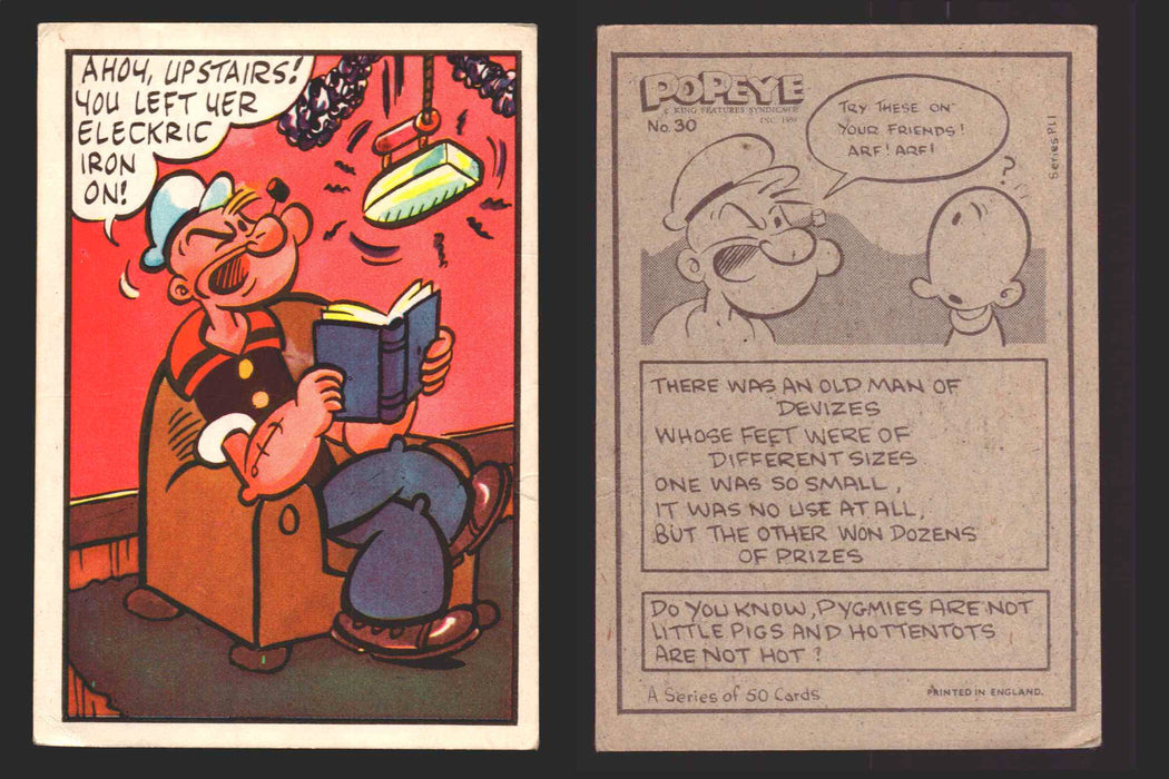 1959 Popeye Chix Confectionery Vintage Trading Card You Pick Singles #1-50 30   Ahoy    upstairs! You left yer eleckric iron on!  - TvMovieCards.com