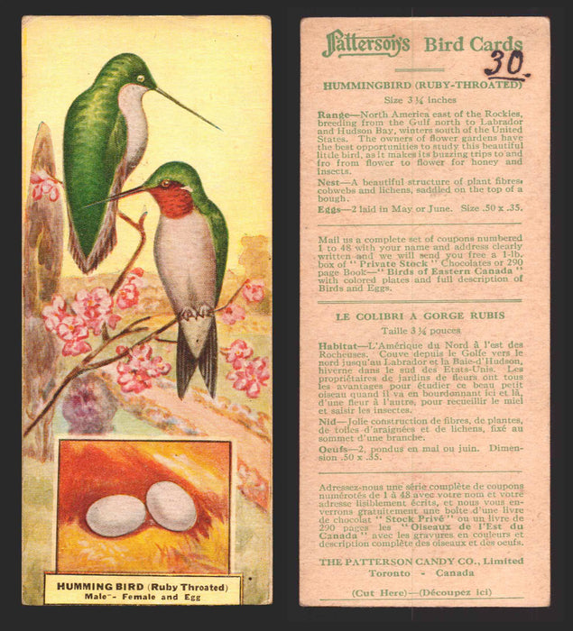 1924 Patterson's Bird Chocolate Vintage Trading Cards U Pick Singles #1-46 30 Hummingbird (Ruby Throat)  - TvMovieCards.com