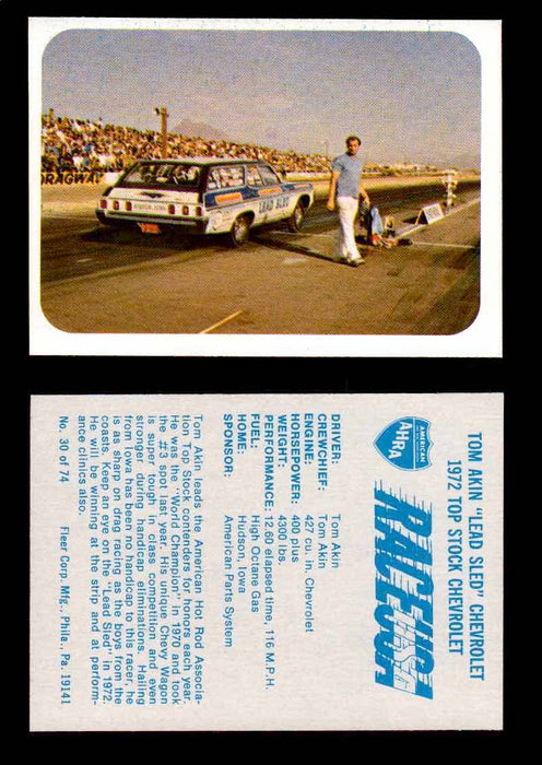 Race USA AHRA Drag Champs 1973 Fleer Vintage Trading Cards You Pick Singles 30 of 74   Tom Akin "Led Sled" Chevrolet  - TvMovieCards.com