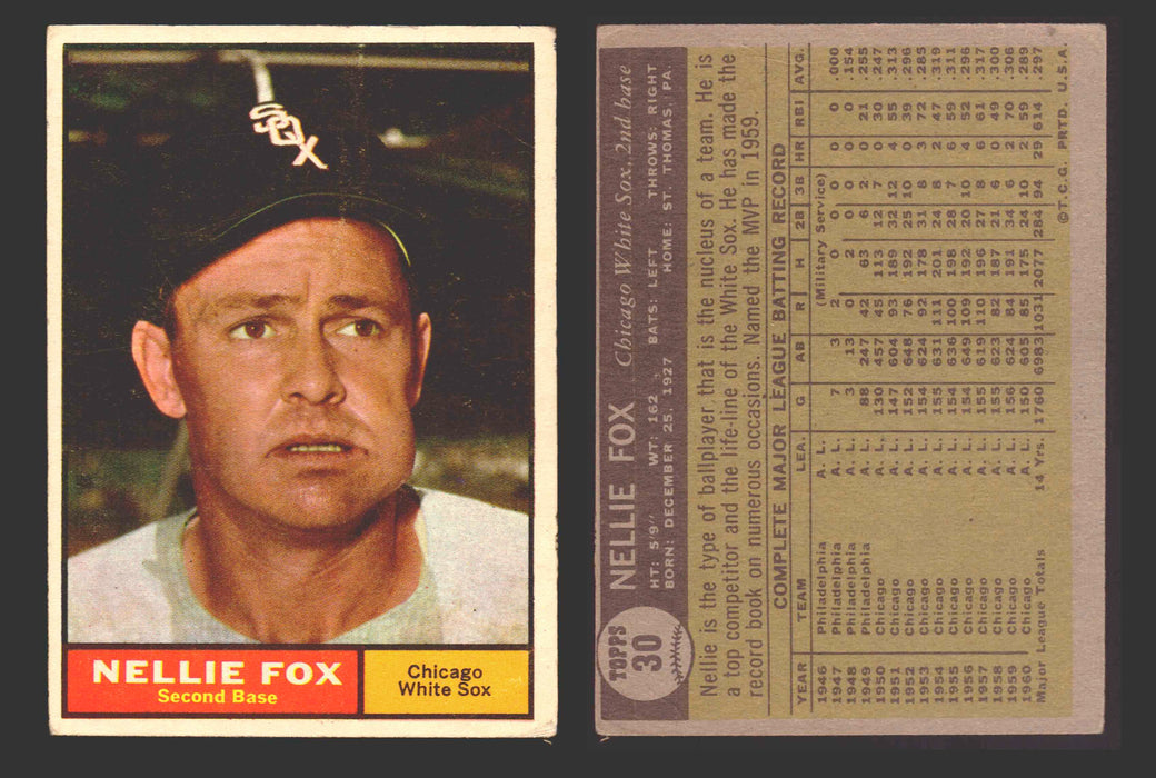 1961 Topps Baseball Trading Card You Pick Singles #1-#99 VG/EX #	30 Nellie Fox - Chicago White Sox (creased)  - TvMovieCards.com