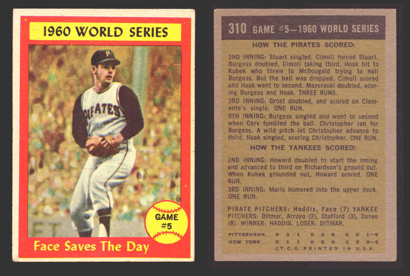 1961 Topps Baseball Trading Card You Pick Singles #300-#399 VG/EX #	310 World Series Game 5 - Face Saves The Day  - TvMovieCards.com