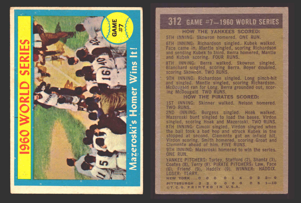 1961 Topps Baseball Trading Card You Pick Singles #300-#399 VG/EX #	312 World Series Game 7 - Mazeroski's Homer Wins It!  - TvMovieCards.com
