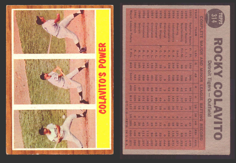 1962 Topps Baseball Trading Card You Pick Singles #300-#399 VG/EX #	314 Colavito's Power  IA  - TvMovieCards.com