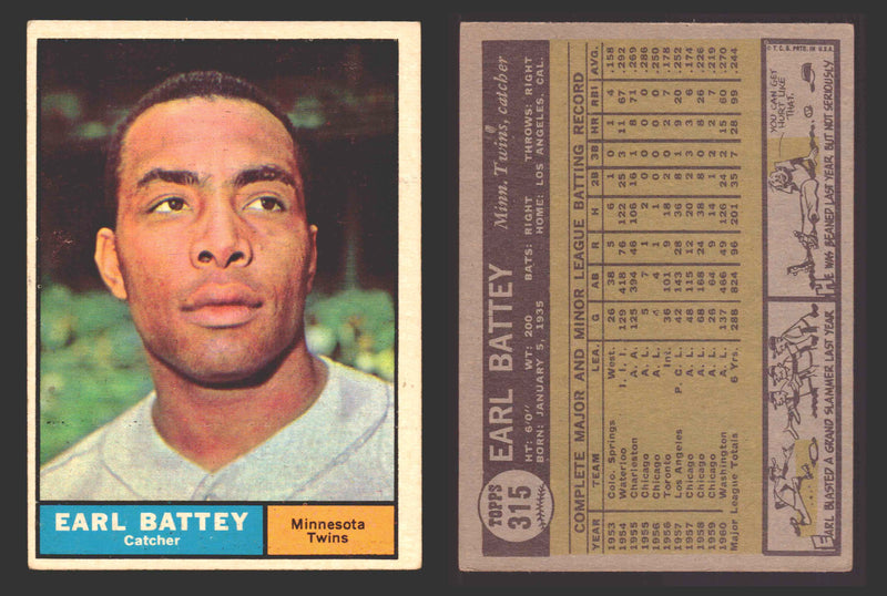 1961 Topps Baseball Trading Card You Pick Singles #300-#399 VG/EX #	315 Earl Battey - Minnesota Twins  - TvMovieCards.com