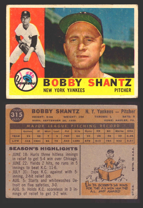 1960 Topps Baseball Trading Card You Pick Singles #250-#572 VG/EX 315 - Bobby Shantz  - TvMovieCards.com