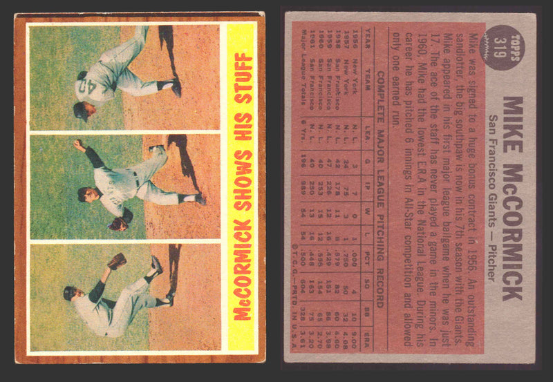 1962 Topps Baseball Trading Card You Pick Singles #300-#399 VG/EX #	319 McCormick Shows His Stuff IA  - TvMovieCards.com