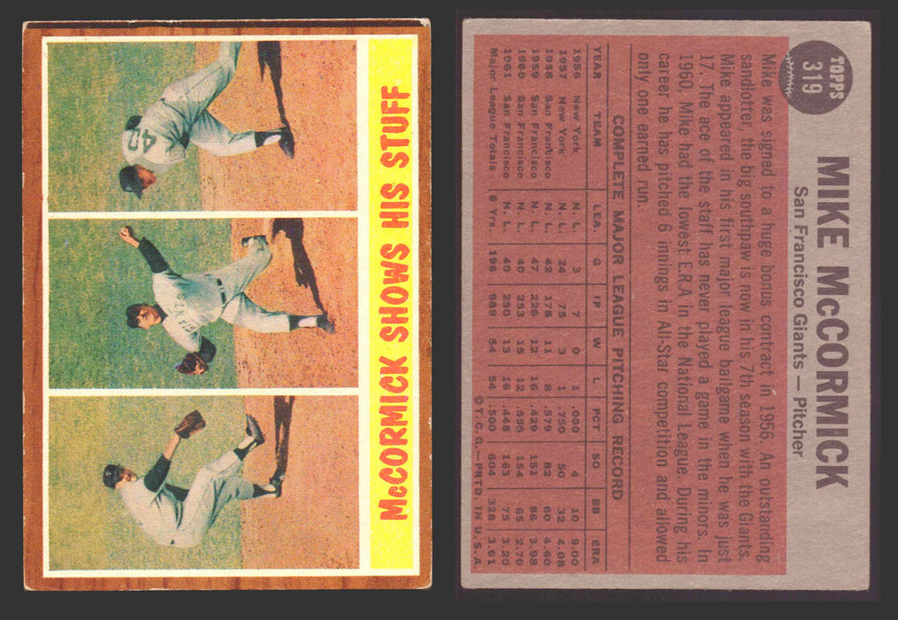 1962 Topps Baseball Trading Card You Pick Singles #300-#399 VG/EX #	319 McCormick Shows His Stuff IA  - TvMovieCards.com