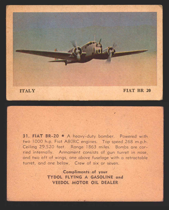 1940 Tydol Aeroplanes Flying A Gasoline You Pick Single Trading Card #1-40 #	31	Fiat BR-20  - TvMovieCards.com