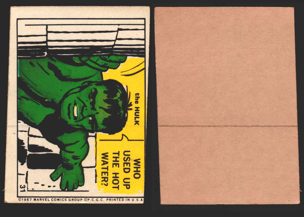 1967 Philadelphia Gum Marvel Super Hero Stickers Vintage You Pick Singles #1-55 31   The Hulk - Who used up the hot water?  - TvMovieCards.com