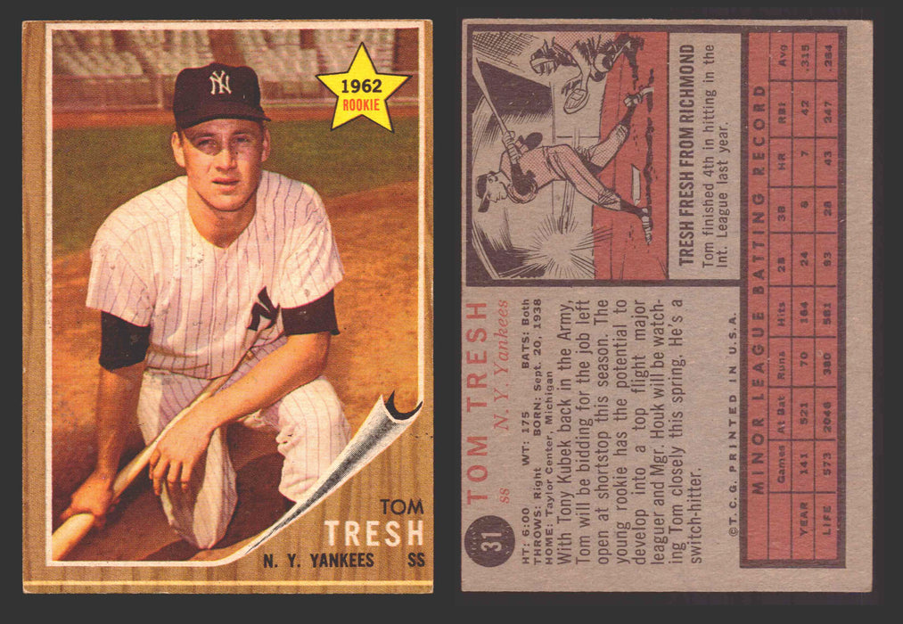 1962 Topps Baseball Trading Card You Pick Singles #1-#99 VG/EX #	31 Tom Tresh - New York Yankees RC  - TvMovieCards.com