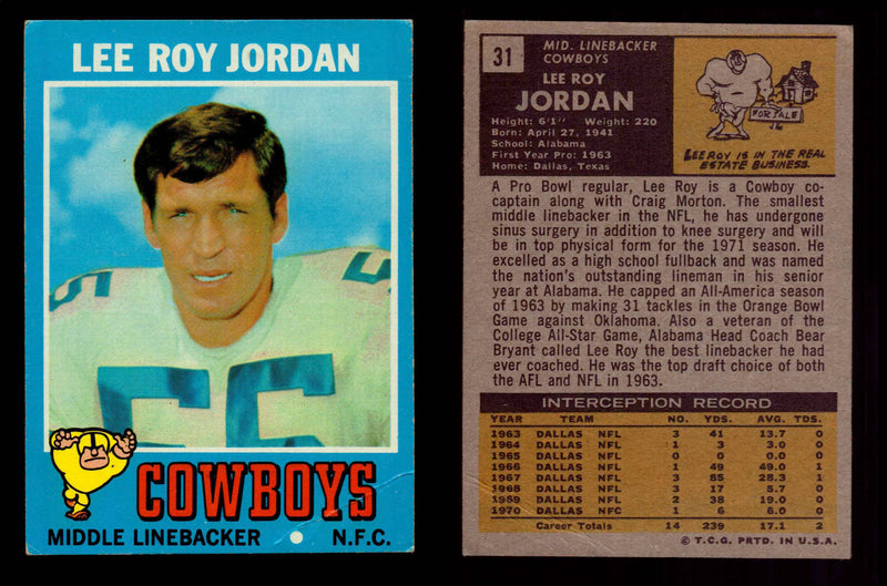 1971 Topps Football Trading Card You Pick Singles #1-#263 G/VG/EX #	31	Lee Roy Jordan (creased corner)  - TvMovieCards.com