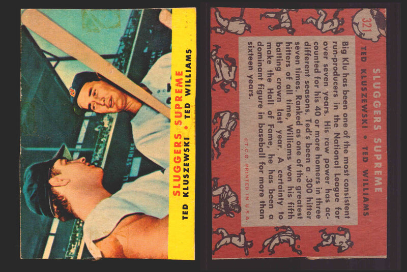 1958 Topps Baseball Trading Card You Pick Single Cards #1 - 495 EX/NM #	321	Ted Kluszewski / Ted Williams (trimmed)  - TvMovieCards.com