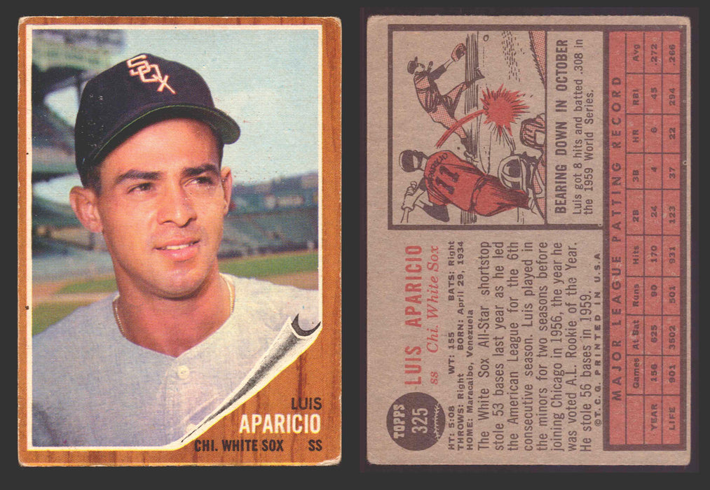 1962 Topps Baseball Trading Card You Pick Singles #300-#399 VG/EX #	325 Luis Aparicio - Chicago White Sox  - TvMovieCards.com