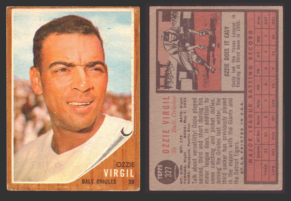 1962 Topps Baseball Trading Card You Pick Singles #300-#399 VG/EX #	327 Ozzie Virgil Sr - Baltimore Orioles  - TvMovieCards.com