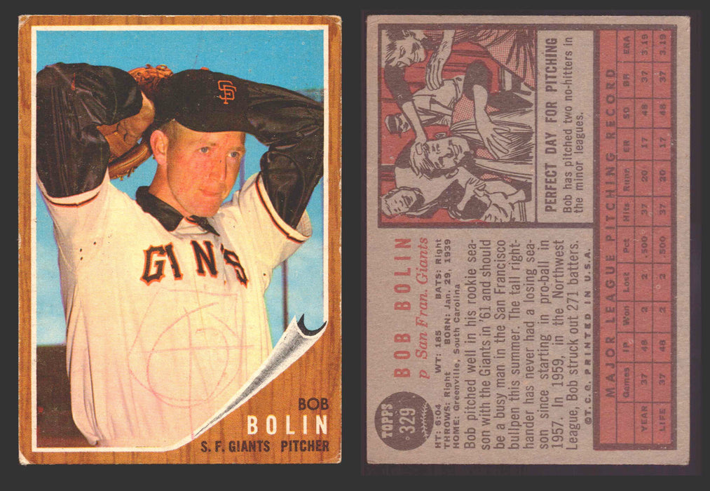 1962 Topps Baseball Trading Card You Pick Singles #300-#399 VG/EX #	329 Bobby Bolin - San Francisco Giants (marked)  - TvMovieCards.com