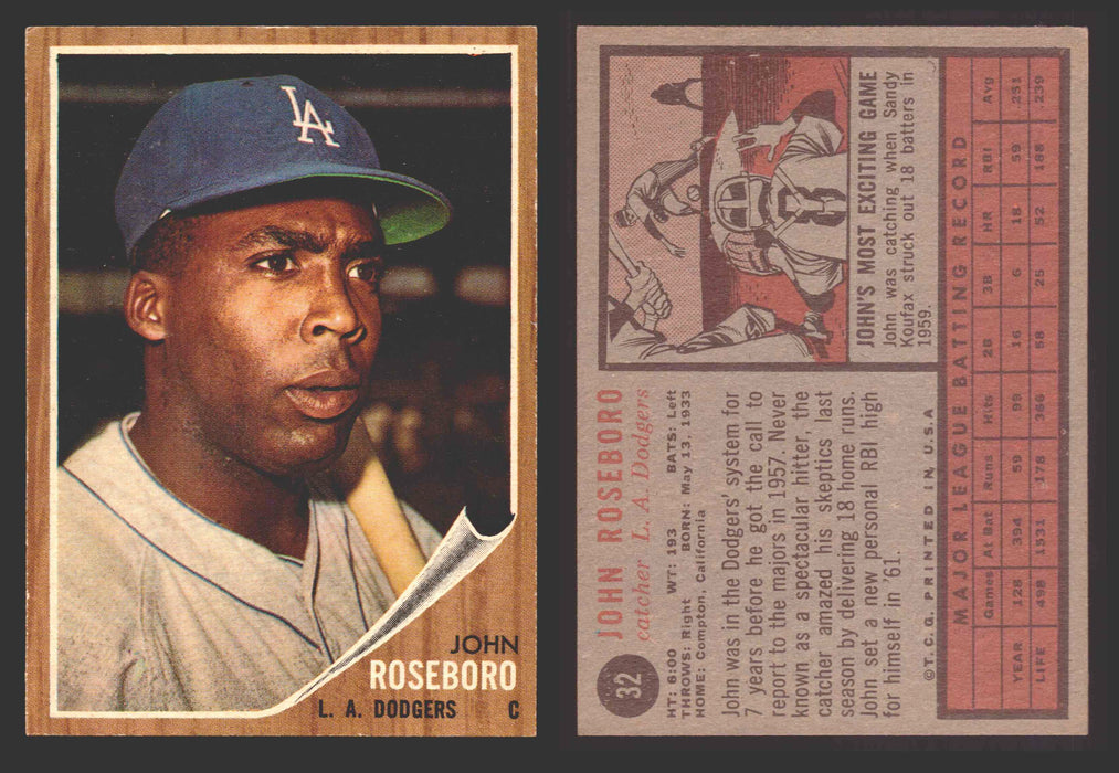 1962 Topps Baseball Trading Card You Pick Singles #1-#99 VG/EX #	32 John Roseboro - Los Angeles Dodgers  - TvMovieCards.com