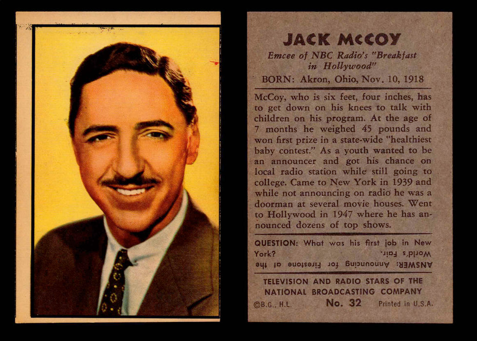 1953 Bowman NBC TV & Radio Stars Vintage Trading Card You Pick Singles #1-96 #32 Jack Mccoy  - TvMovieCards.com