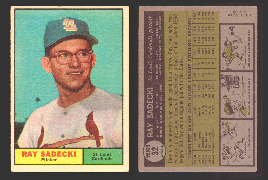 1961 Topps Baseball Trading Card You Pick Singles #1-#99 VG/EX #	32 Ray Sadecki - St. Louis Cardinals  - TvMovieCards.com