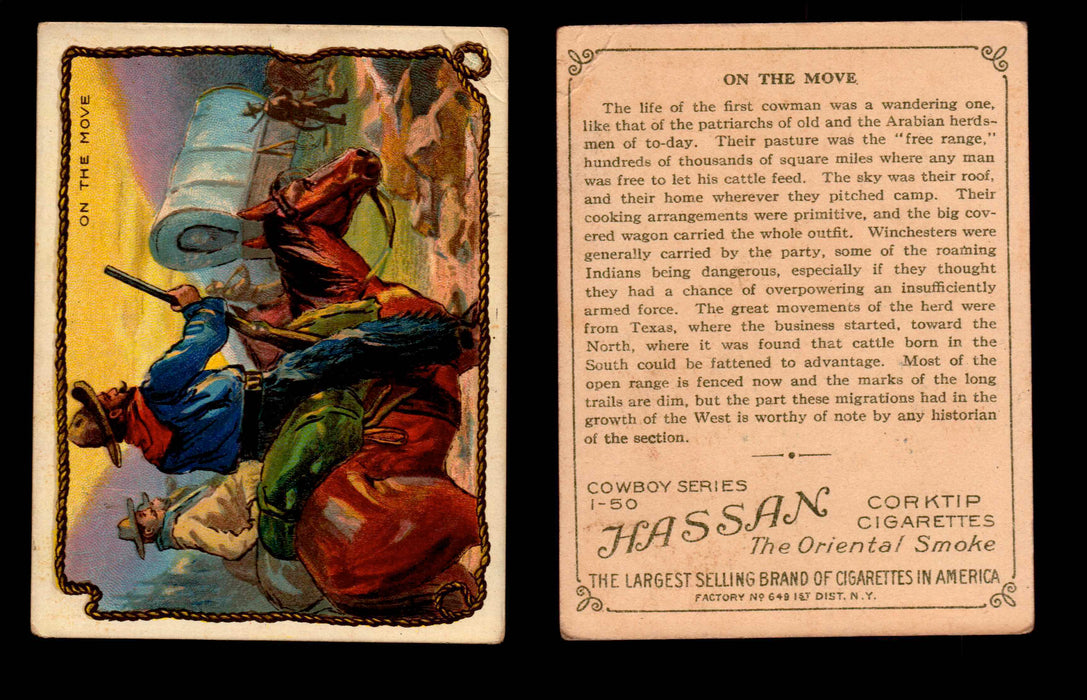 1909 T53 Hassan Cigarettes Cowboy Series #1-50 Trading Cards Singles #32 On The Move  - TvMovieCards.com