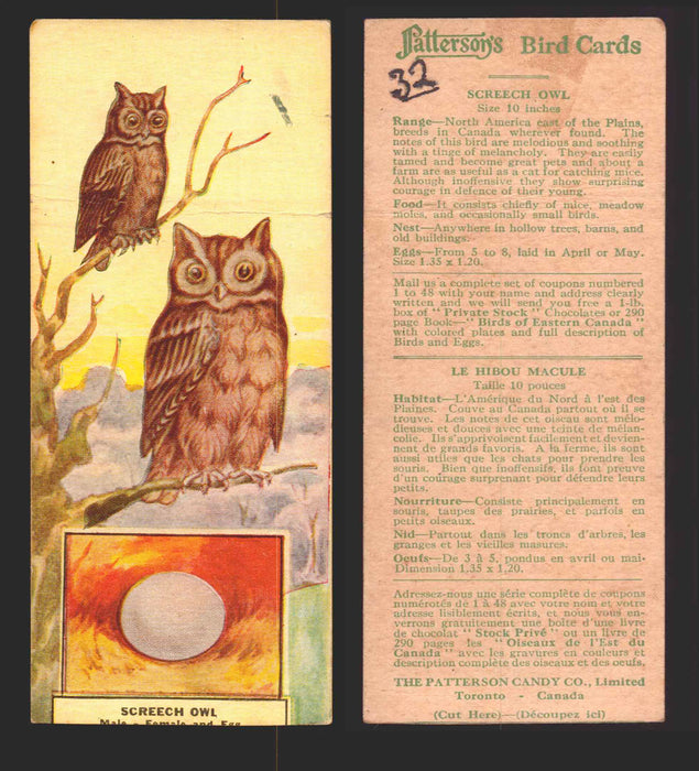 1924 Patterson's Bird Chocolate Vintage Trading Cards U Pick Singles #1-46 32 Screech Owl  - TvMovieCards.com