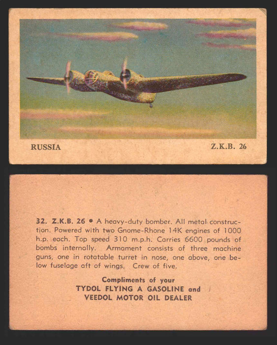 1940 Tydol Aeroplanes Flying A Gasoline You Pick Single Trading Card #1-40 #	32	Z.K.B. 26  - TvMovieCards.com