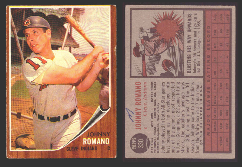 1962 Topps Baseball Trading Card You Pick Singles #300-#399 VG/EX #	330 Johnny Romano - Cleveland Indians (marked)  - TvMovieCards.com
