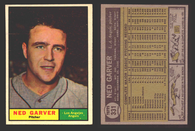 1961 Topps Baseball Trading Card You Pick Singles #300-#399 VG/EX #	331 Ned Garver - Los Angeles Angels  - TvMovieCards.com