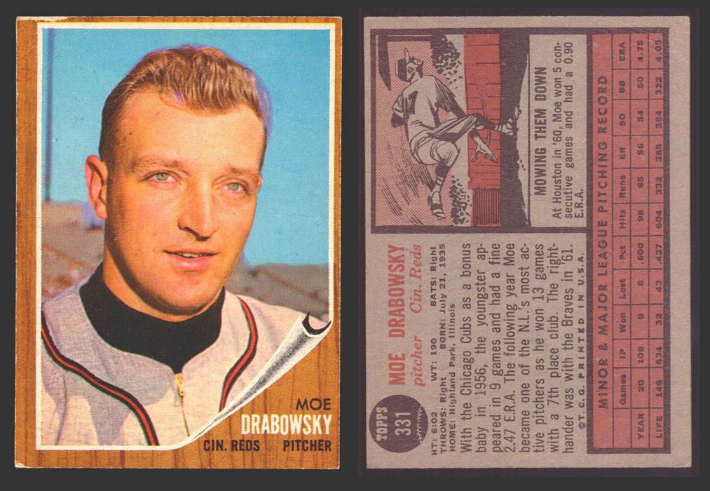 1962 Topps Baseball Trading Card You Pick Singles #300-#399 VG/EX #	331 Moe Drabowsky - Cincinnati Reds (creased)  - TvMovieCards.com
