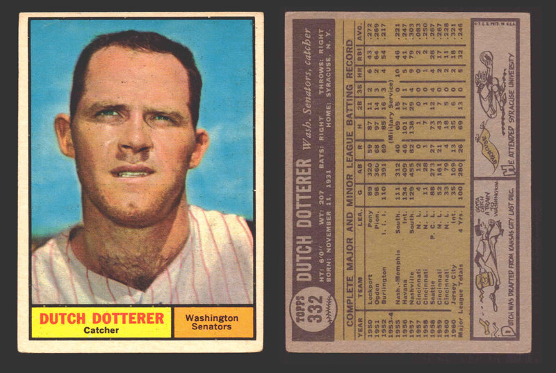 1961 Topps Baseball Trading Card You Pick Singles #300-#399 VG/EX #	332 Dutch Dotterer - Washington Senators  - TvMovieCards.com