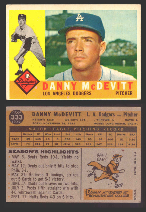 1960 Topps Baseball Trading Card You Pick Singles #250-#572 VG/EX 333 - Danny McDevitt  - TvMovieCards.com